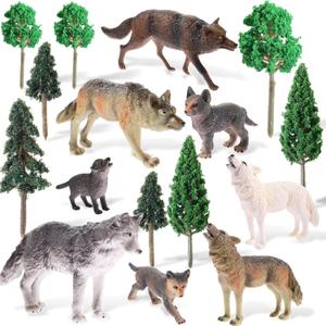 Skylety 16 Pcs Woodland Wolf Toy Figures Kit, 8 Wolf Figurines and 8 Mixed Plastic Trees Forest Cake Topper for Diorama Supplies Miniature Dollhouse Accessory Train Scenery