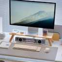 Bamboo Monitor Stand Riser with Cable Routing Slot, Ergonomic Computer Shelf for Desk, Natural Wood Desktop Organizer for Monitor Laptop Printer, Home Office Accessory