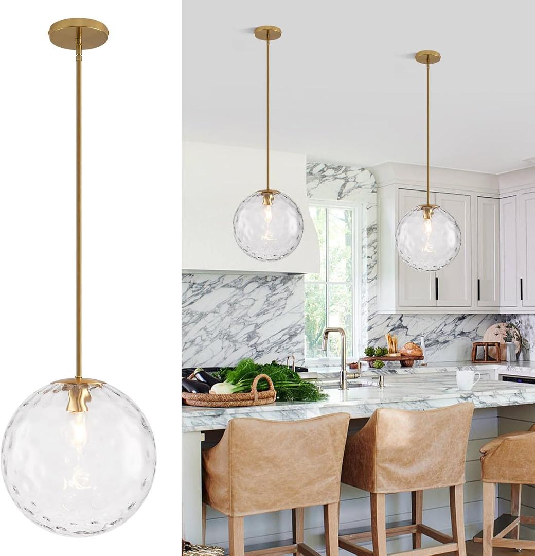 11.8in Hammered Glass Pendant Light, Large Mid Century Modern Pendant Lights Kitchen Island, Brass Fininsh Hanging Light for Dining Room Over Table Sink Hallway, Gold & Hammered 1 Pack