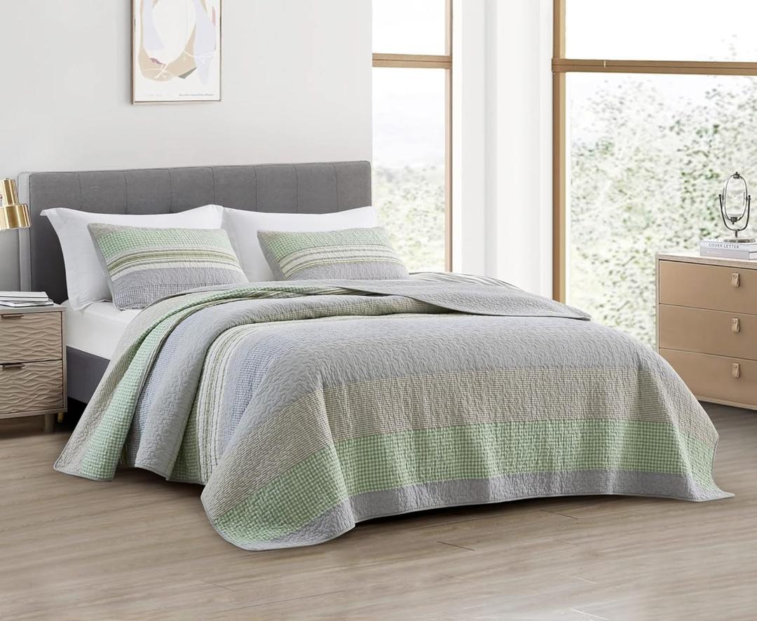 Chezmoi Collection Rene 3-Piece Boho Chic Patchwork Stripe Quilt Set - Green Gray White Plaid Candy Stripe Reversible Bedspread - Pre-Washed Cotton Lightweight Coverlet, King Size