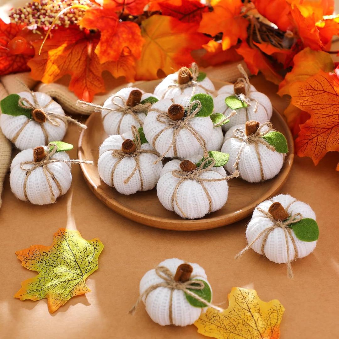 12 Pcs Thanksgiving White Pumpkins Decor Crafts Autumn Decorative Fall Bowl Fillers Mini Knit Pumpkins Rustic Home Farmhouse Wedding Decoration for Thanksgiving Centerpieces Shelf Decor