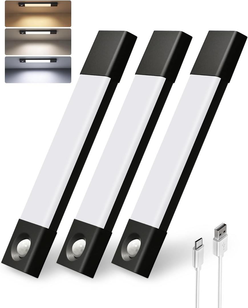 EZVALO Under Cabinet Lighting, Wireless Closet Lights, 30 LED Rechargeable Motion Sensor Light, Dimmable, 3 Color Temperatures, Counter Lights for Kitchen, Pantry, Bedroom, Wardrobe(3 Pack, Black) (8inch)