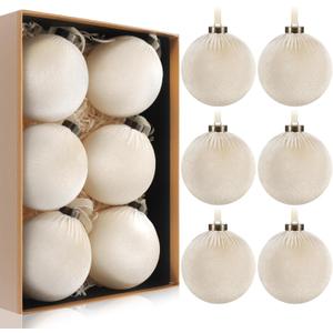 HyDren 6 Pcs Velvet Christmas Ball Ornaments 4 Inches Large Flocked Christmas Tree Hanging Ornaments Shatterproof Xmas Bulbs for Home Xmas Tree Party Decor(Beige)