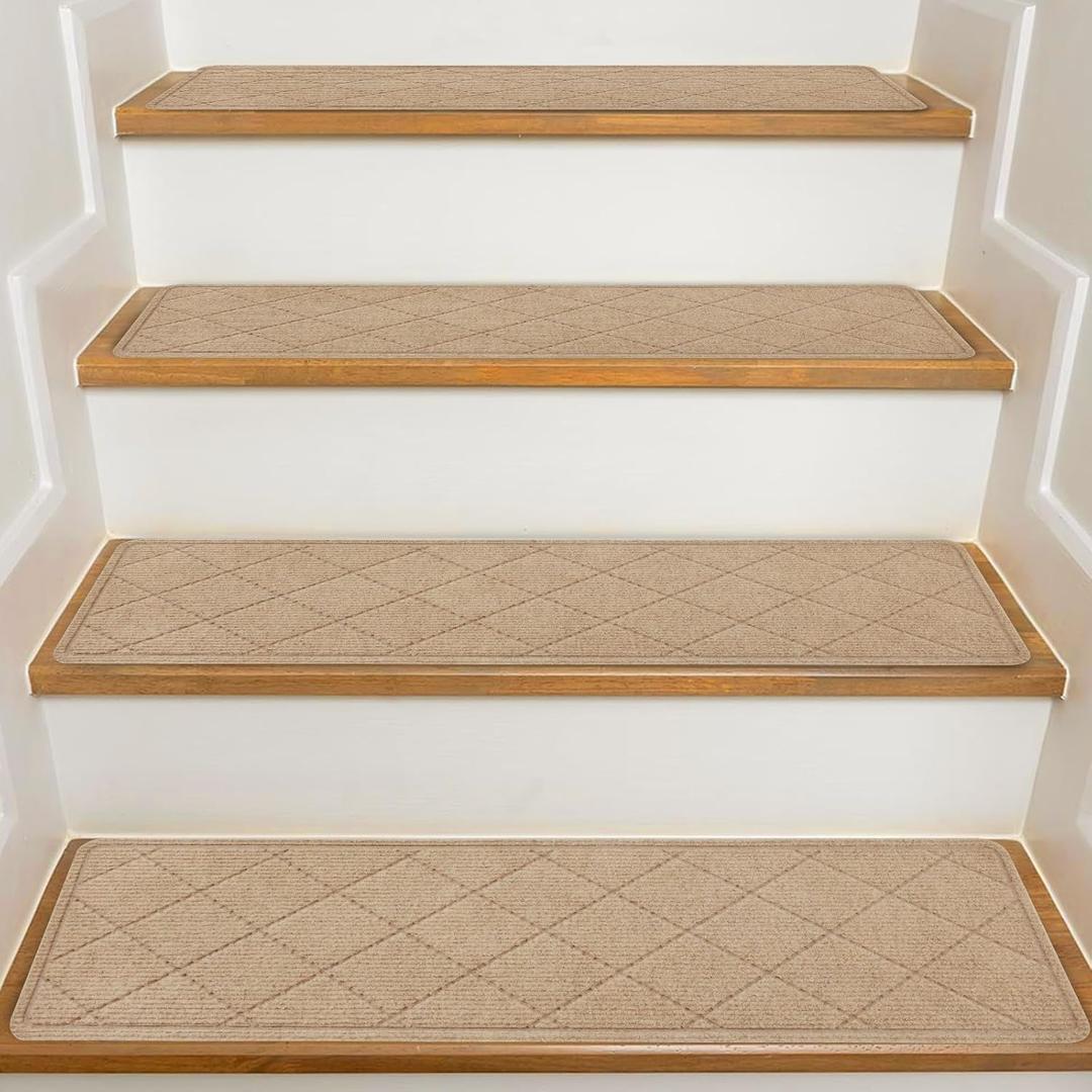 Non Slip Stair Treads for Wooden Steps,15 Pack 8" X 30" Stairs Carpet Treads Indoor with Reusable Peel and Stick Adhesive for Kids Elders and Pets,Polyester TPR Backing
