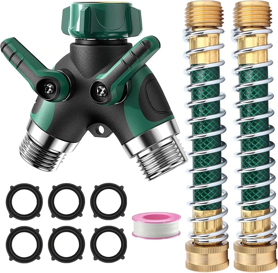Garden Hose Splitter 2 Way Heavy Duty, 3/4" Water Splitter Y Way Connector 2 Valves Rubberized Grip with 2 Kink Free Faucet Extension Hose Protector 6 Rubber Washers