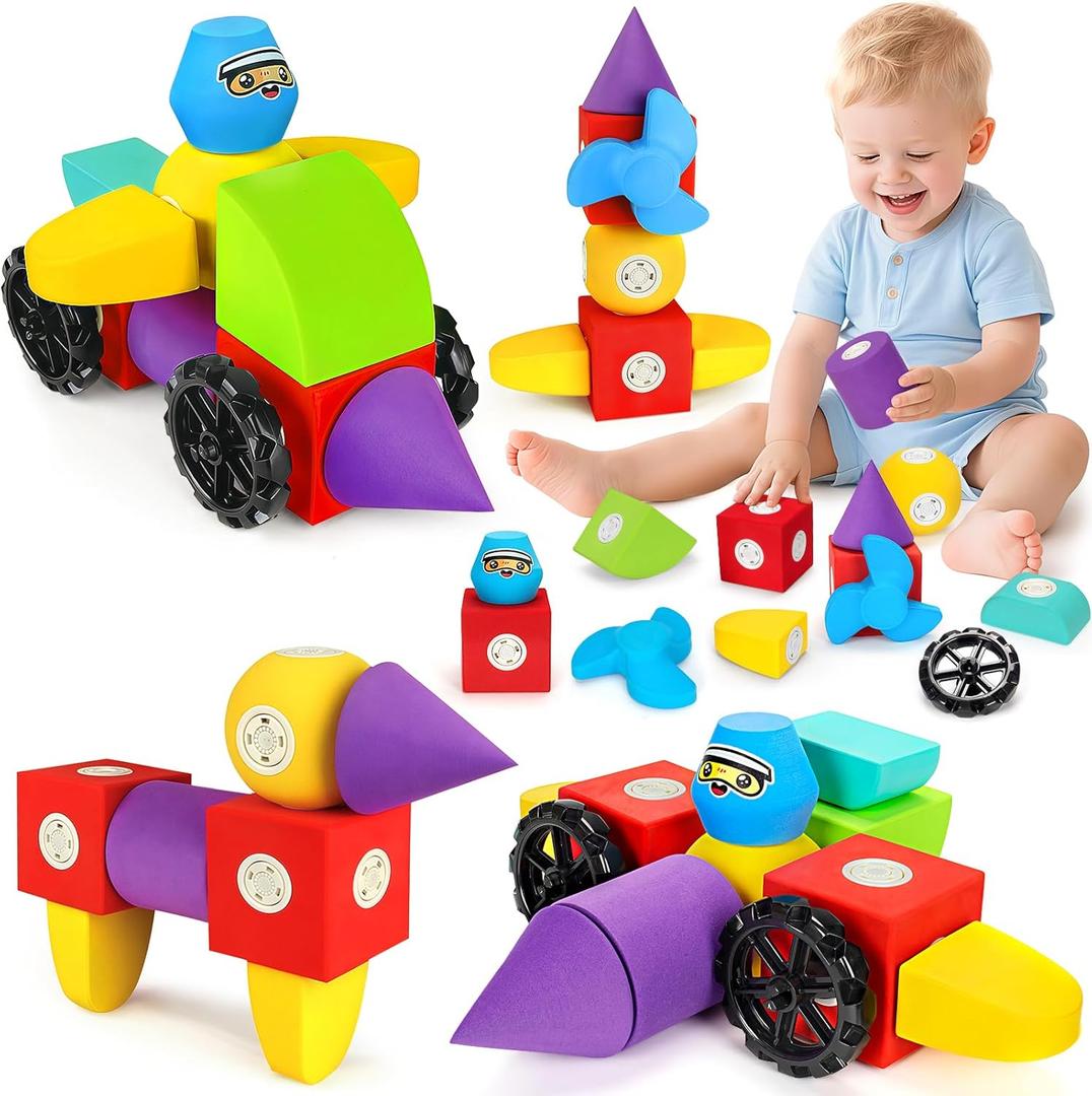 15 PCS Magnetic Foam Blocks, STEM Preschool Toys for Children, Magnetic Building Blocks for Toddlers, Kids Bath Toys and Montessori Sensory Toys, Birthday for Boys & Girls Age 3 4 5 6+