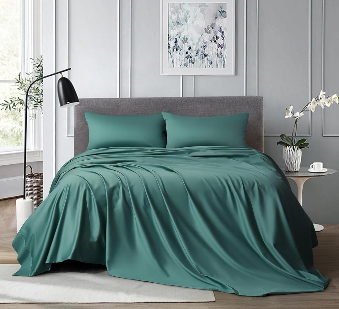 Queen Sheet Set Green 100% Egyptian Cotton Satin Sheets 1000 Thread Count Luxury Hotel Quality Deep Pocket Queen Sheets Soft Silky Cooling Queen Size Bed Set 4PC Green
