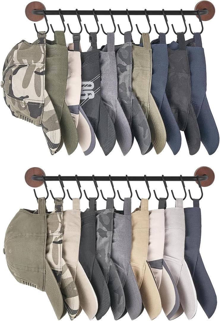 Mkono Hat Rack for Wall Hat Organizer for Baseball Caps Hanger with 20 Hooks Modern Metal Hat Holder Wall-Mounted Ball Caps Display for Closet Door Bedroom Entry room Laundry, Set of 2
