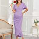 AISWI 2025 Womens Maternity Wrap Dress V Neck Ruffle Sleeves Semi Formal Baby Shower Photoshoot Party Cocktail Pregnancy (Purple, S)