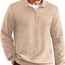 Vssjavun Mens Quarter Zip Pullover Quilted Sweatshirt Long Sleeve Casual Stand Collar Pullovers with Pockets (Beige, S)