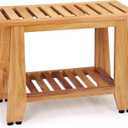 Teak Shower Bench, 24'' Heavy Duty Teak Wood Bathroom Seat, Water-Resistant Spa Bath Stool with Non-Slip Rubber Feet and Storage Shelf for Inside Shower and Outdoor Use, 350 lbs Capacity