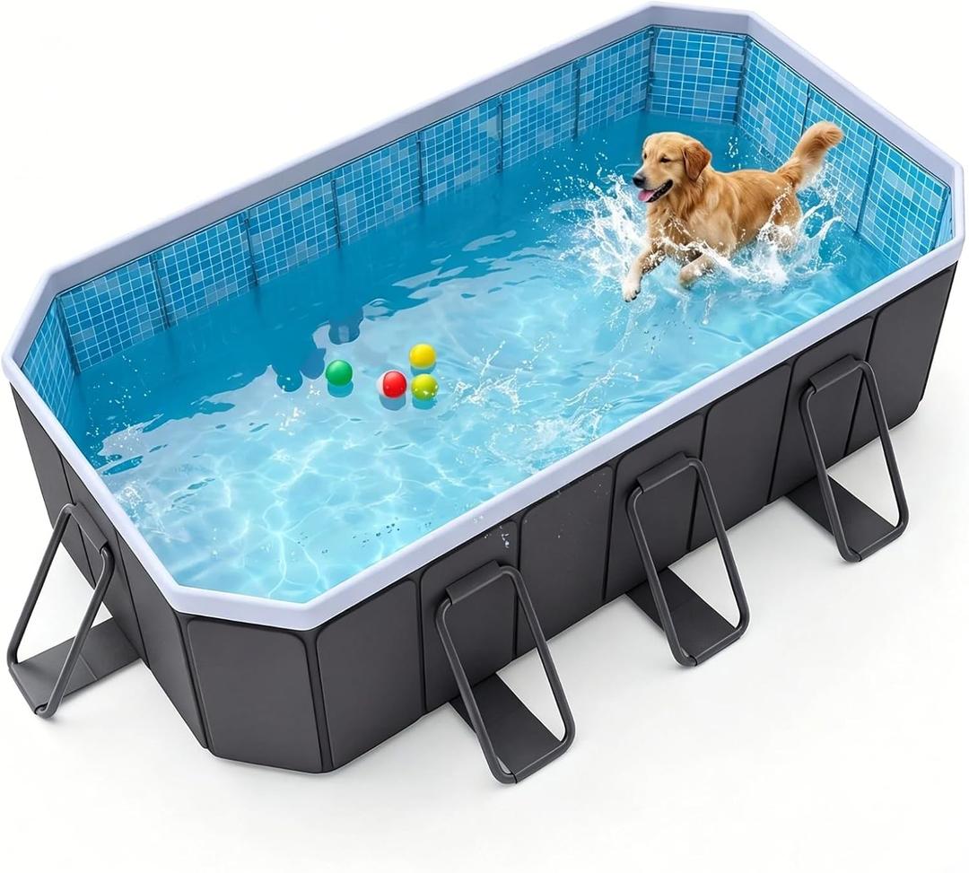 114.2" Foldable Dog Pool & Bath Tub for Large Dogs, Non-Inflatable Hard-Sided Pet Pool, Large Dog Bathing Tub with Reinforced Frame, Filter Port & Easy Drain, Grey
