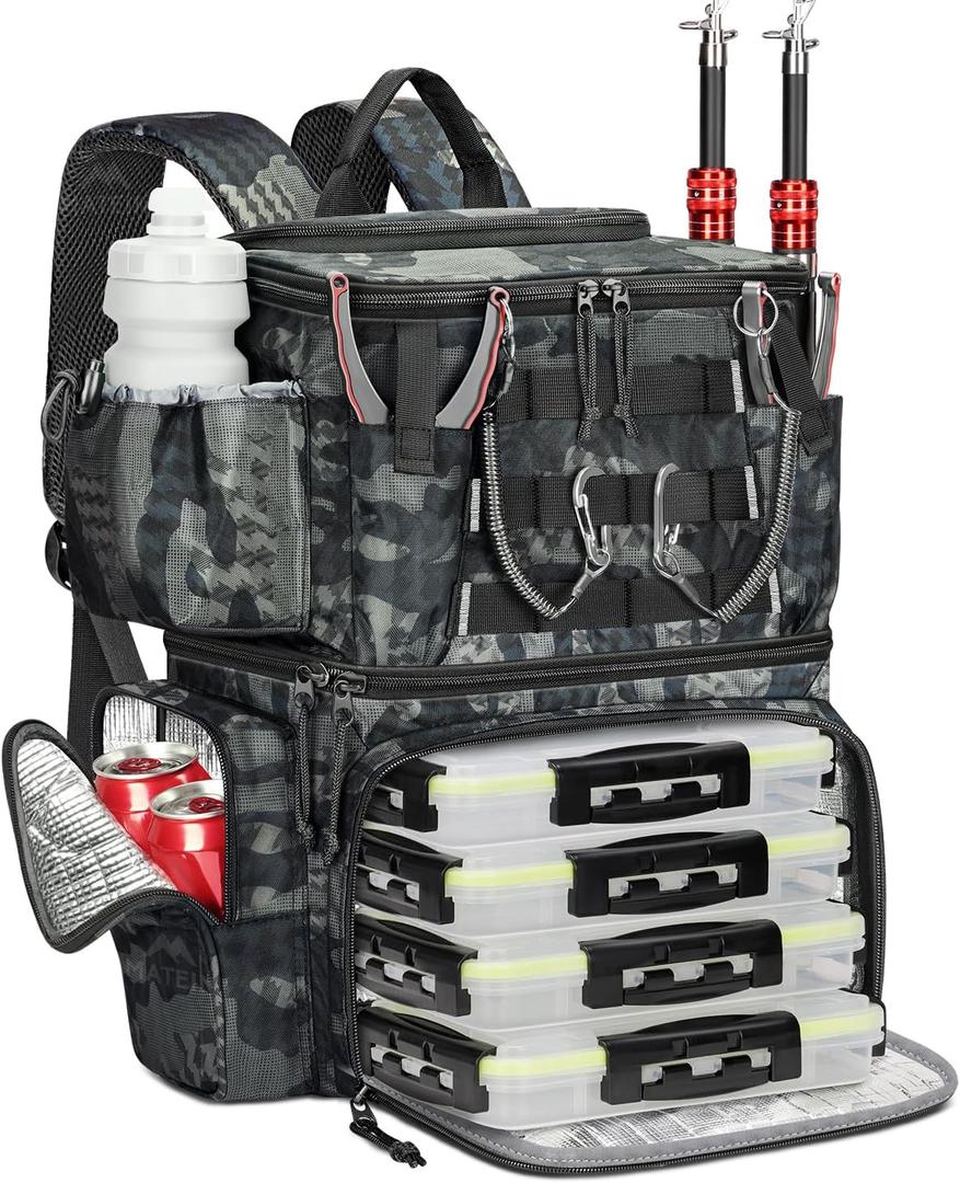 MATEIN Fishing Backpack with 4 Tackle Boxes, Fishing Bag with Rod Holder & Safety Compass & Cooler, Gifts for Fishermen, Large