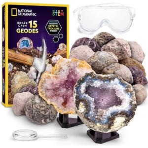 NATIONAL GEOGRAPHIC Break Open 15 Premium Geodes Science Kit - Goggles, Detailed Learning Guide, 3 Display Stands, Great STEM Science Toy & Educational Gift