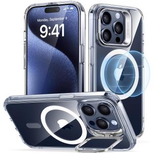 ESR for iPhone 15 Pro Case, Compatible with MagSafe, Military-Grade Protective Clear Case for iPhone 15 Pro,Built-in Stash Stand Phone Case, Scratch-Resistant Back Cover, Classic Series,Clear