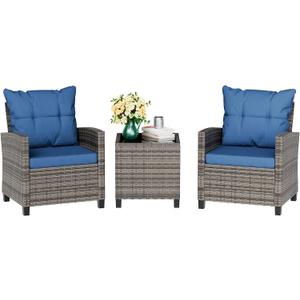 Vongrasig 3 Piece Patio Furniture Set Small Outdoor Wicker Rattan Front Porch Bistro Set Cushioned Patio Chairs Conversation Set with Glass Table for Lawn, Garden, Backyard, Balcony, Poolside (Blue)
