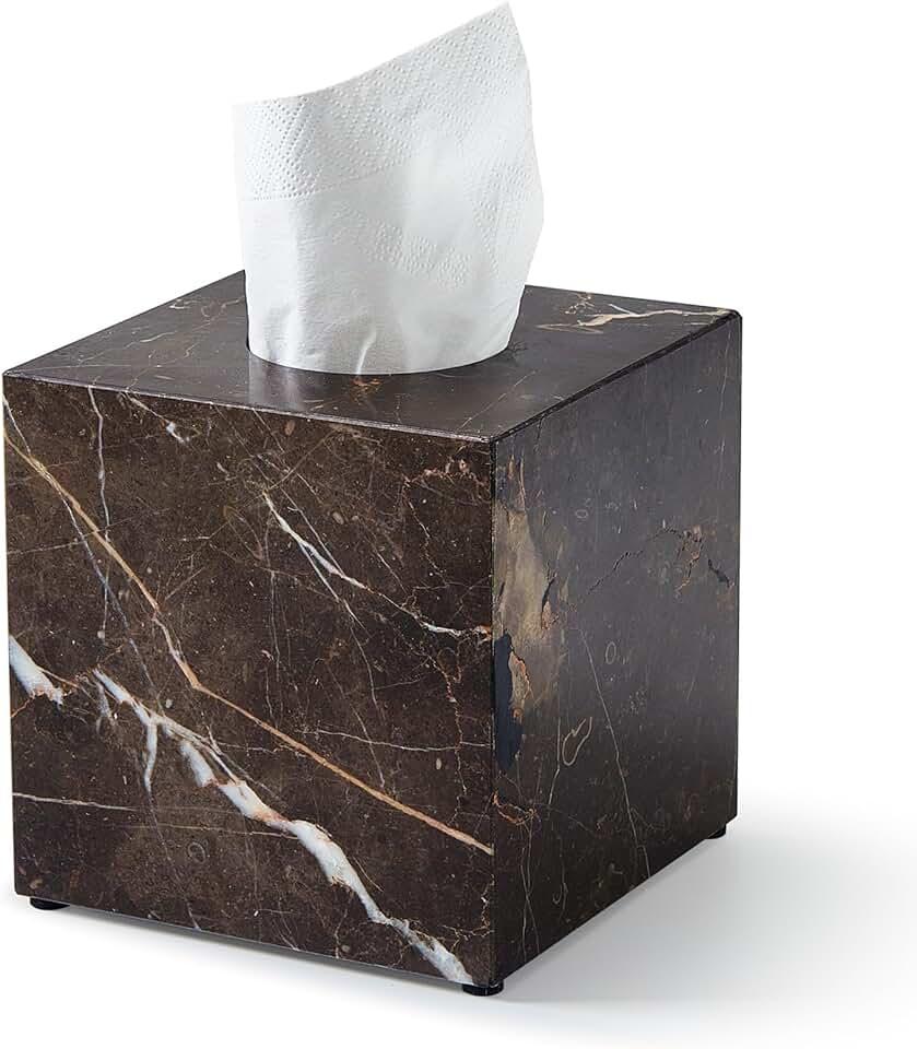 Real Natural Marble Tissue Box Cover, 5.5 Inch Square Marble Tissue Box Holder with Open Bottom, Heavy Stone Decorative Organizer for Bathroom Vanity, Kitchen Countertop, Luxury Home Décor, Brown