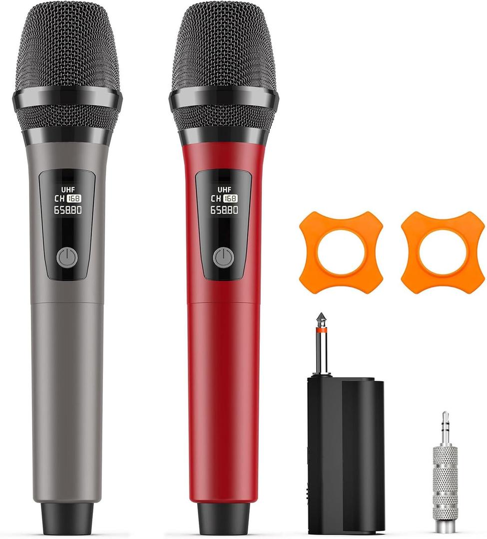 Wireless Microphones, Professional Dual Karaoke Microphones, Wireless Dynamic Microphone System Set with Rechargeable Receiver for Home Party, Speech, Wedding, Church, PA System (red)