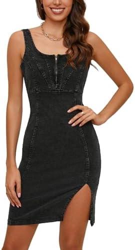 XQR Women's Sleeveless Strap U Neck Denim Midi Dress Sexy Backless Side Slit Jean Bodycon Dress, Small