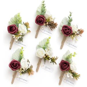 Ling's moment Boutonniere for Men, 6pcs Groom Groomsmen Boutonniere, Artificial Flowers for Wedding Decor/Prom/Homecoming, Burgundy White