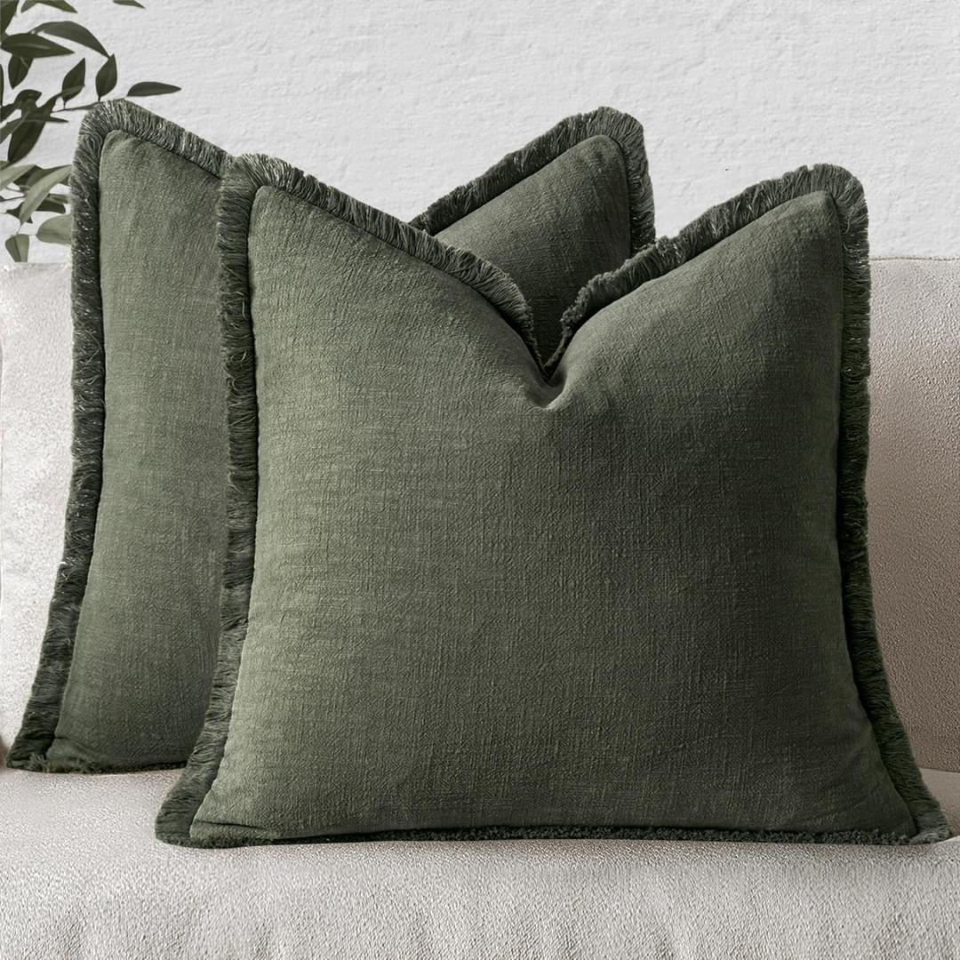 MIULEE Decorative Throw Pillow Covers Neutral Fringe Throw Pillows Set of 2 Rifle Green Boho Farmhouse Cushion Covers with Tassels for Couch Sofa Bed Living Room Spring Home Decor 20x20 Inch