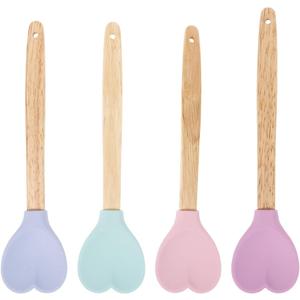 Hemoton 12Pcs Heart Shaped Silicone Spatula Set with Wooden Handles Non-Stick Cooking and Baking Utensils for Mixing Stirring and Serving in Kitchen