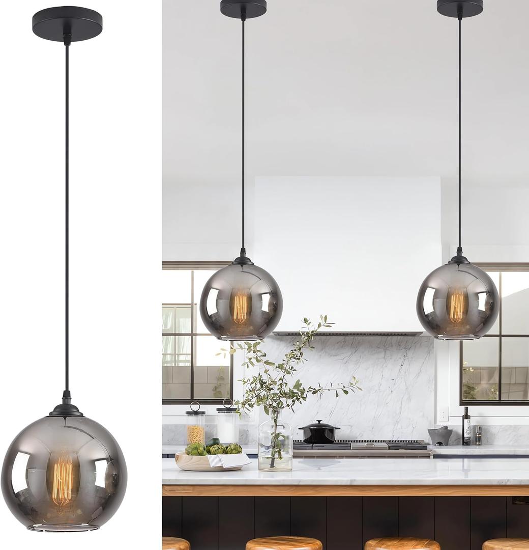 Mirror Smoke Grey Glass Pendant Light Kitchen Island, 7.5" Black Globe Pendant Lights for Dining Table, E26 Mid Century Height Adjustable Grey Mercury Glass Hanging Lamp for Kitchen Over Sink