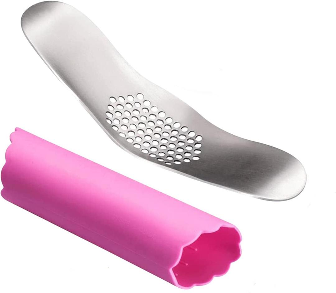 Fu Store Garlic Press 304 Stainless Steel Garlic Rocker Mincer Food Grade with Silicone Peeler Garlics, Color Random Peeler