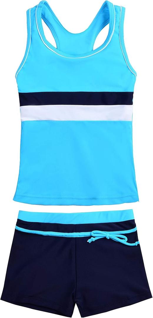 Uhnice Girls Swimsuit Two Piece Tankini Swimwear with Boyshort (14-15 Years, Blue)