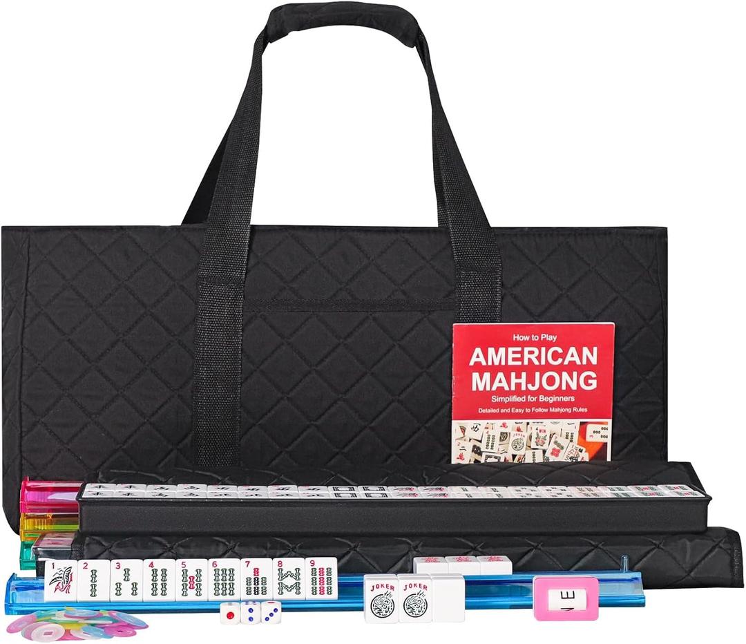 ZGME American Mahjong Set, 166 White Tiles with Black Rectangular Bag and Accessories, 4 All-in-One Mahjong Racks with Pushers, Complete Western Mahjong Set