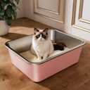 Qiuma Stainless Steel Litter Box, Large Metal Cat Litter Box with High Sided for Big and Small Cats, Non-Stick, Easy to Clean, Odor-Free, 17.5" L13.6" W5.9" H, Blush Pink