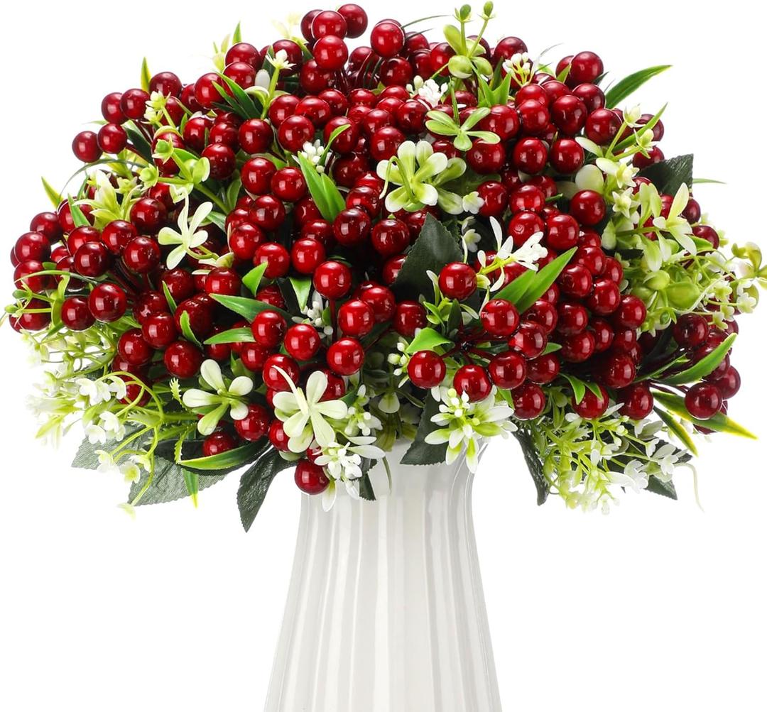 Suncalla 10pcs Christmas Artificial Red Berry Stems Ornaments Fake Holly Berries for Christmas Tree Decorate DIY Wreath Vase Fireplace Decorations
