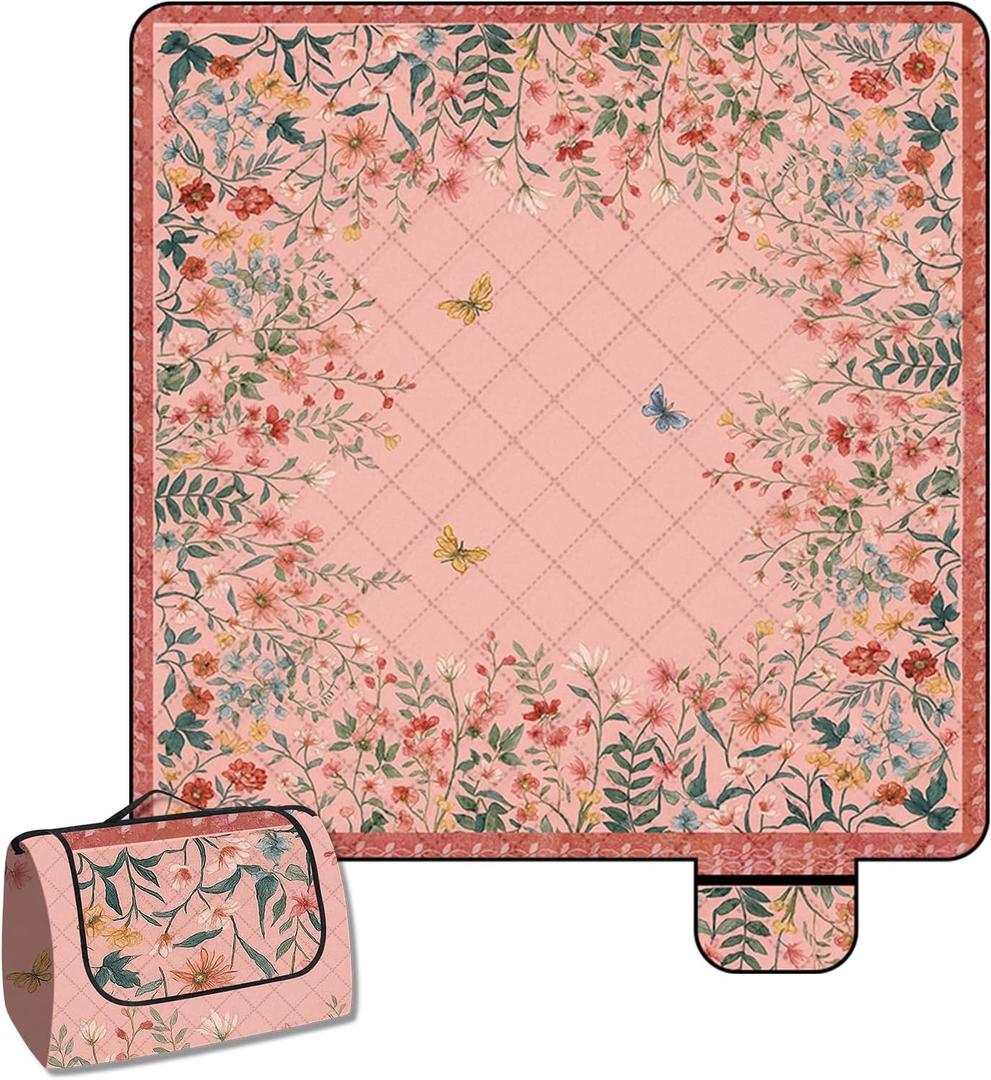 80"x80"Cute Pink Picnic Blanket Waterproof Extra Large Outdoor SandProof ,3-Layer Fabric Beach Picnic Mat Washable Foldable & Portable for Family Camping, Park, Travel, Grass Lawn-Boho Pink Floral