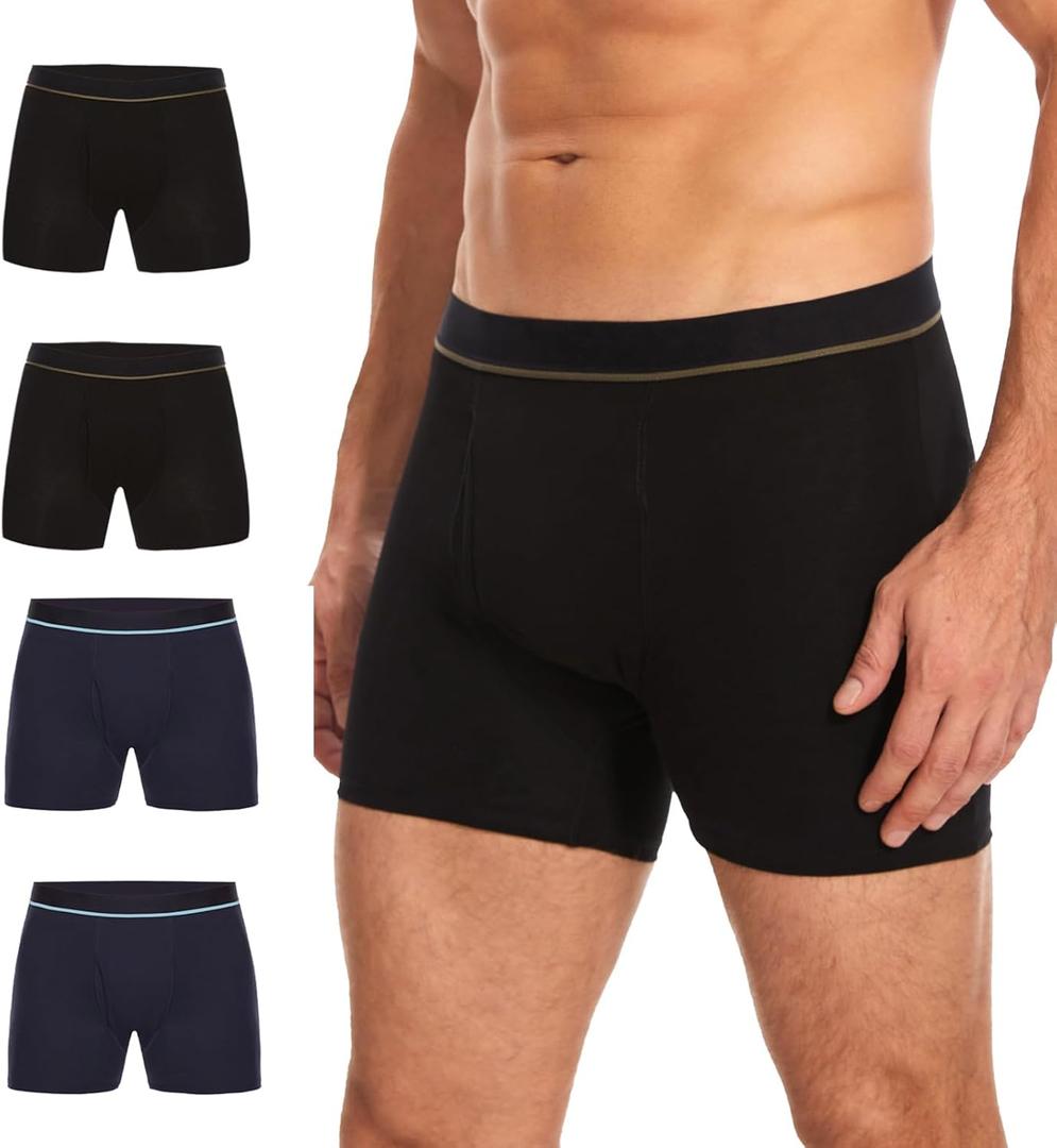 Men's Washable Incontinence Boxer Briefs, Cotton Incontinence Underwear with Fly, Reusable Leakproof Underwear for Men, Front & Rear Protection 120ml Absorbency (4 Pack, M, Black/Blue)
