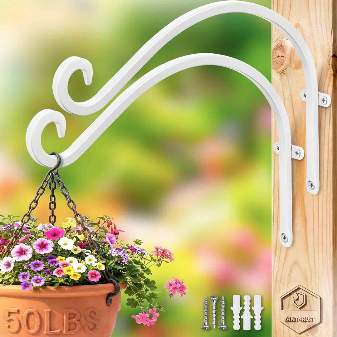 Lifyzoon Hanging Plant Brackets Outdoor: 50lbs Weight Capacity - Hanging Plant Hangers Wall Hooks 2 Packs, 12-Inch Wall Mount Brackets for Bird Feeder, Flower Baskets, White