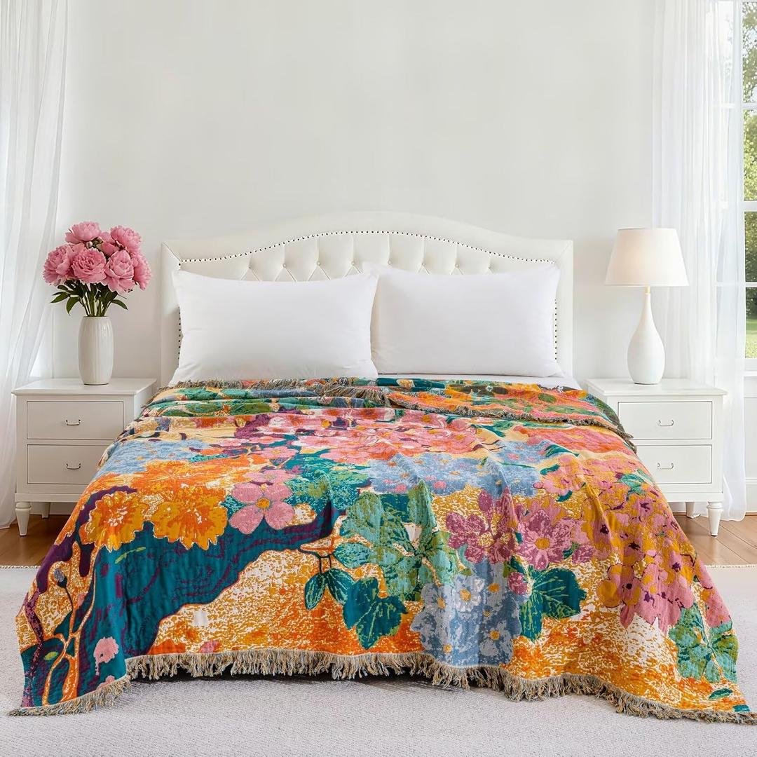 100% Cotton Floral Throw Blanket, Lightweight Muslin Quilt for Home Decor, All Season Reversible Jacquard Boho Farmhouse Picnic Blanket with Colorful Pattern,80"x90"