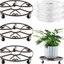 3-Pack 13" Metal Rolling Plant Stand With Wheels for Indoor Outdoor, Heavy Duty Caddy, Iron Dolly With Metal Casters, Heart Style Roller With Clear Saucers, Brown