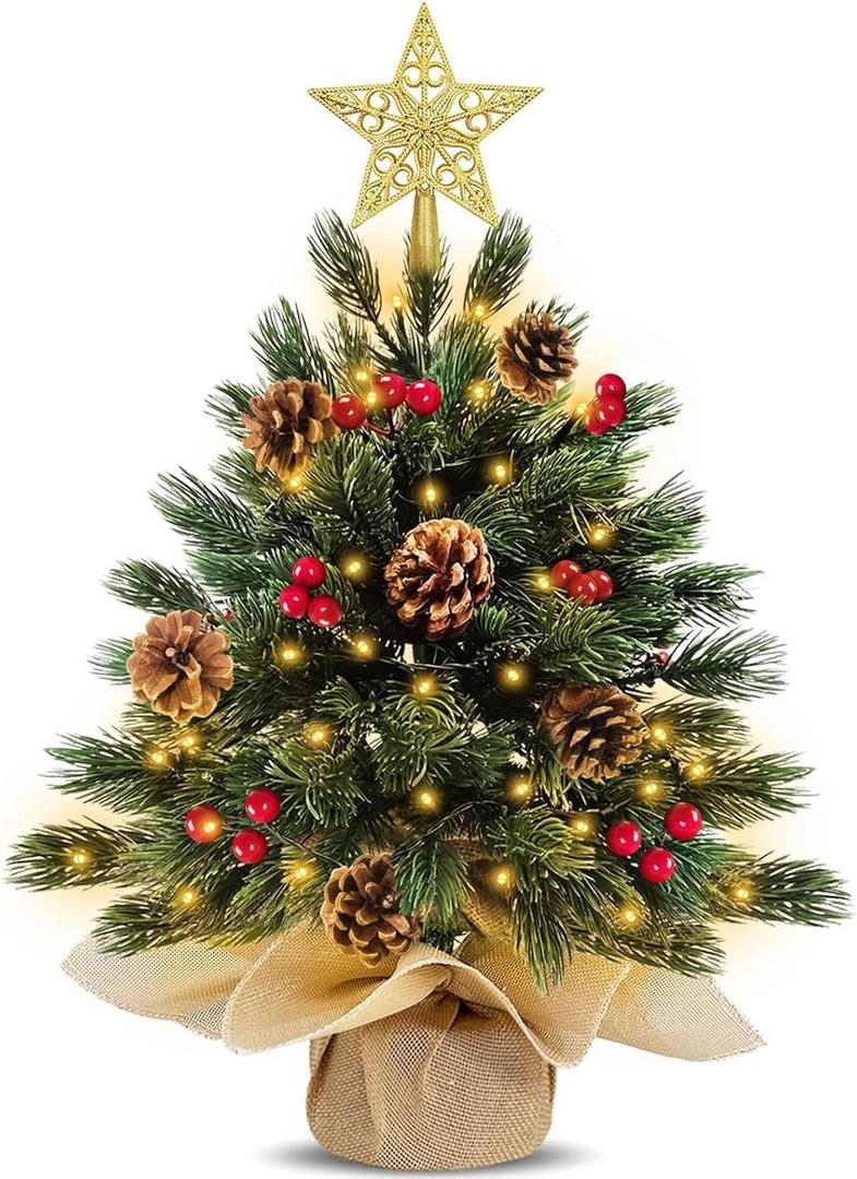 TURNMEON 18 Inch Tabletop Christmas Tree with Timer 30 Lights Battery Operated Star 12 Red Berry 4 Pinecone Realistic-Feel PE Artificial Mini Small Xmas Tree Christmas Decorations Table Home Indoor