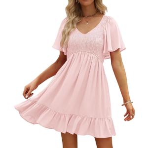 LILLUSORY Flowy Dress Women's Summer Dresses 2024 Mini Casual Dress Smocked V Neck Flutter Sleeve Dress Ruffle Dresses Light Pink, Small