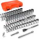 55-Piece 3/8" Drive Master Impact Socket Set, Shallow & Deep Sockets Kit (6-24mm & 1/4"-1"), SAE & Metric, Includes 3" Extension Bar, Universal Joint & 90-Tooth Ratchet, 6-Point Design