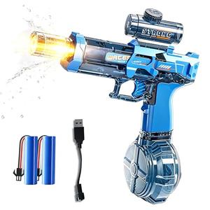 Electric Water Gun for Adults & Kids, Automatic Squirt Pistol with LED Light & Sound, Rechargeable, Long Range, Blue – Summer Pool Beach Party Toy with 2 Batteries & USB Cable