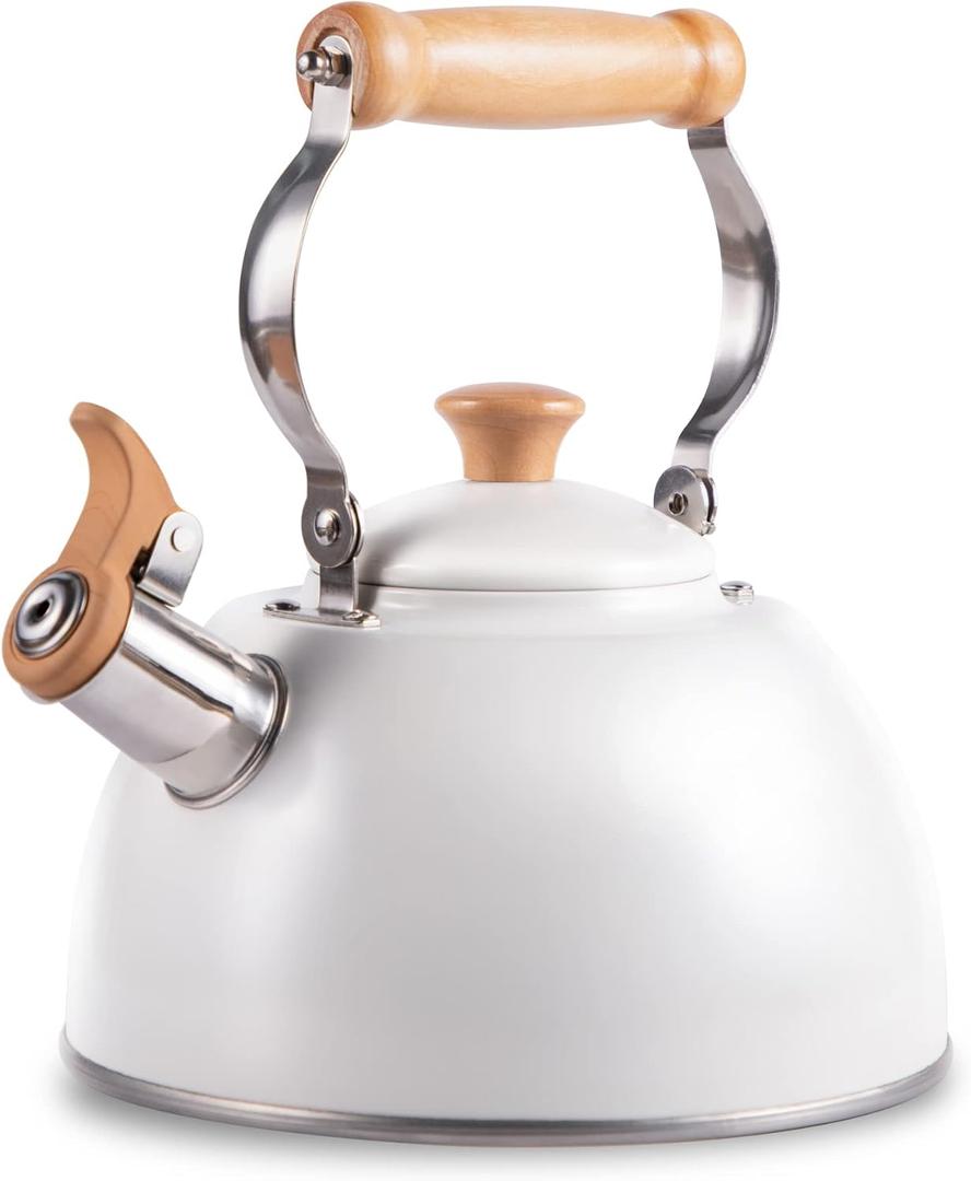 ROCKURWOK Tea Kettle, Tea Pot with Cool Touch Ergonomic Handle, Teapot Food Grade Stainless Steel, Tea Kettle Stovetop, Kettle Teapot, Whistling Tea Kettle, Tea Pot, 2.7 Quart (White)