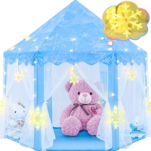 EVOIONOS Frozen Princess Tent for Girls, Play Tent with Large Snowflake Lights for Kids, Castle Playhouse for Children Indoor Outdoor Games, 55 x 53 inches, Blue