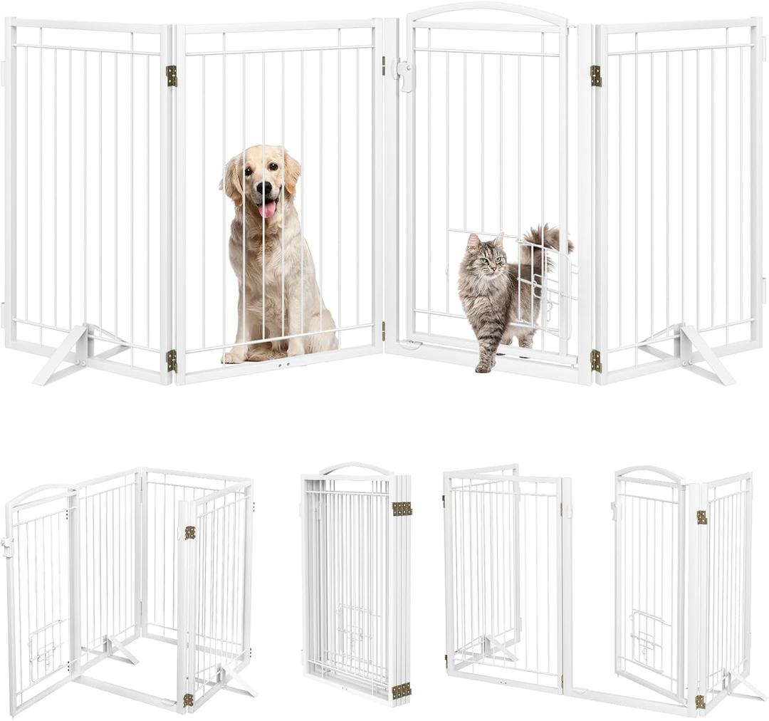 Metal Freestanding Dog Gate with Cat Door for Indoor/Outdoor,80" Extra Wide Foldable Pet Gate,32" Tall Foldable Indoor Dog Fence for Large Openings Stairs,Deck,Yard,Doorways(4 Panels,White)