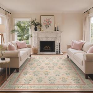 GENIMO 8x10 Vintage Floral Area Rug, Soft Microfiber Washable Rug with Non-Slip Backing, Pink Carpet for Living Room, Bedroom and Dining Room
