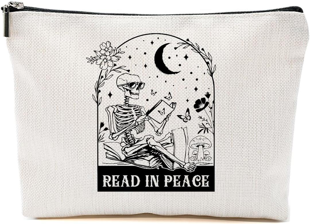 Halloween Party Favors Funny Skeleton Makeup Bag Book Lovers Gifts Toiletry Bag Book Club Gifts Cosmetic Bag Reading Accessories Librarian Gifts for Readers Women Girl Friend Daughter Sisters