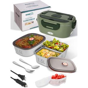 Heated Lunch Box, 80W Electric Lunch Box with Two 1.5L Stainless Steel Interchangeable Containers and Lids, 12V/24V/110V Food Warmer with Utensils and Insulated Bag for Car/Truck/Office (Green)
