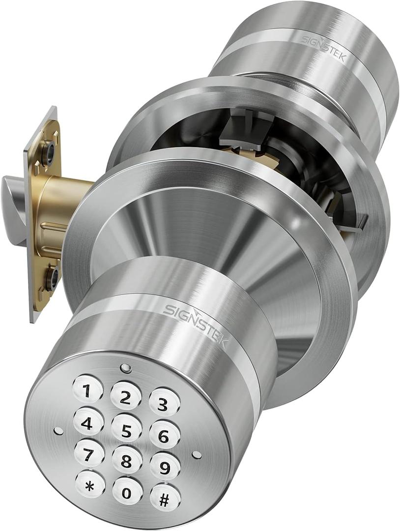 Signstek Keyless Entry Door Lock, Door Knob with Keypad, Smart Code Door Lock, Mute Mode, Passage Function, Easy to Install, Satin Nickel