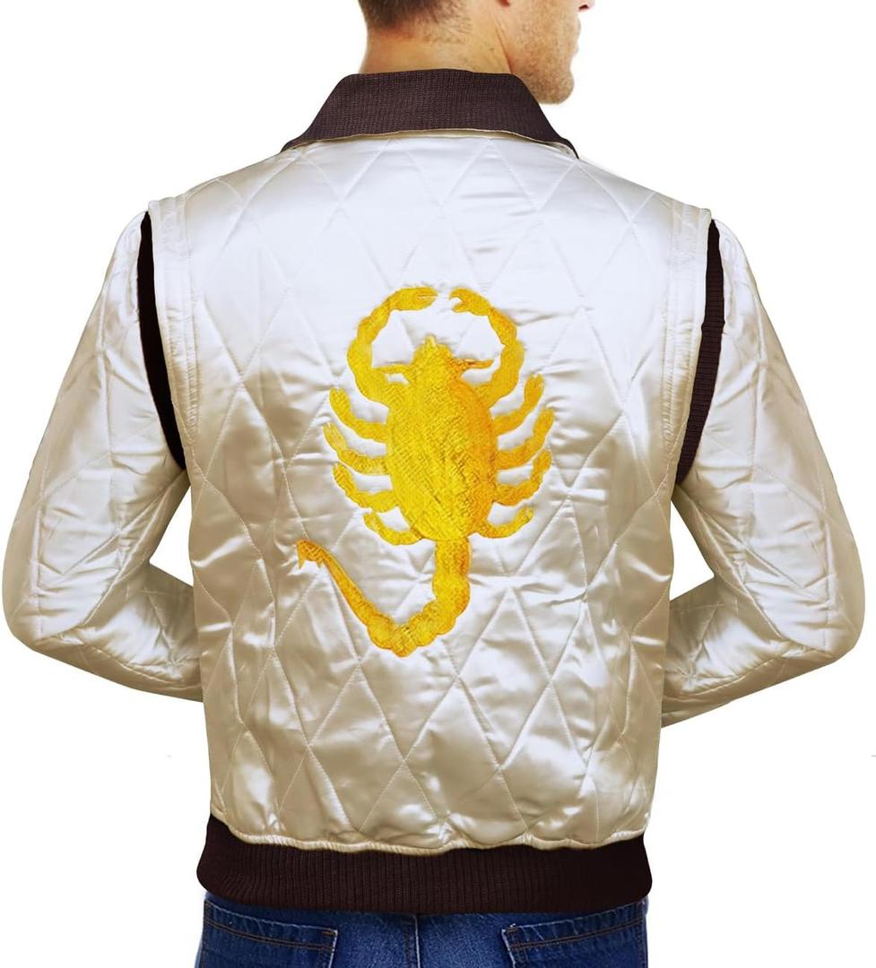 Mens Quilted Satin Ivory White Golden Embroidery Bomber Jacket (Medium)