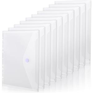 BAYTORY 10Pcs Clear Binder Pocket, Plastic Pocket Folders with Hook and Loop Closure, 11 Holes Poly Binder Envelope, Plastic Folder for School & Office Supplies (A4)